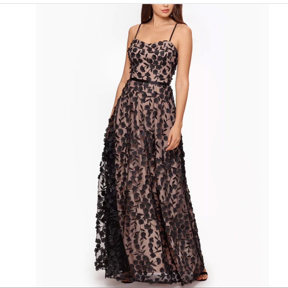 XSCAPE Black Over Tan 3D Floral Overlay Sleeveless Formal Gown, Sz 8, NWT!